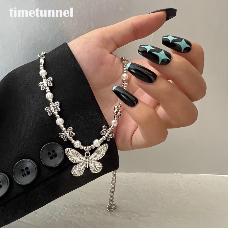 Vòng cổ Bạc Mặt Hình Trái Tim / Bướm Đính Ngọc Trai Lấp Lánh Kiểu Dáng Mới Cho Nữ timetunnel