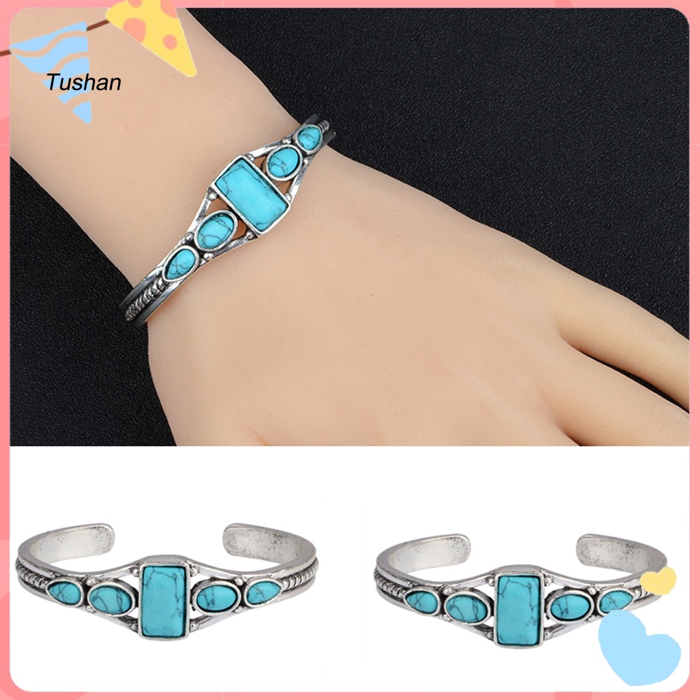 Vòng Tay Nữ Dạng Mở Đính Ngọc Lam Giả Phong Cách Bohemia