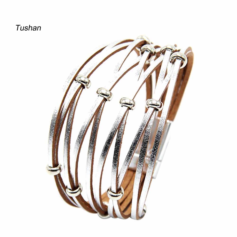 [Ts] Vòng Tay Da Thật Nhiều Lớp Đính Hạt Cườm Khóa Nam Châm Thời Trang Cho Nữ