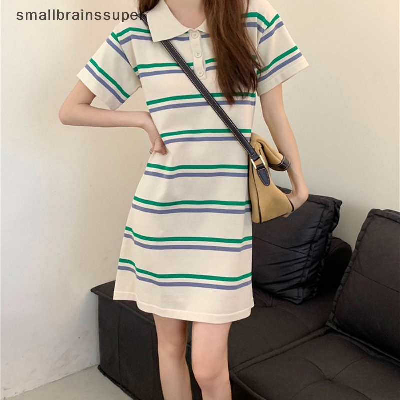 Đầm Tay Ngắn Cổ Bẻ Họa Tiết Kẻ Sọc Thời Trang Mùa Hè Xinh Xắn Cho Nữ