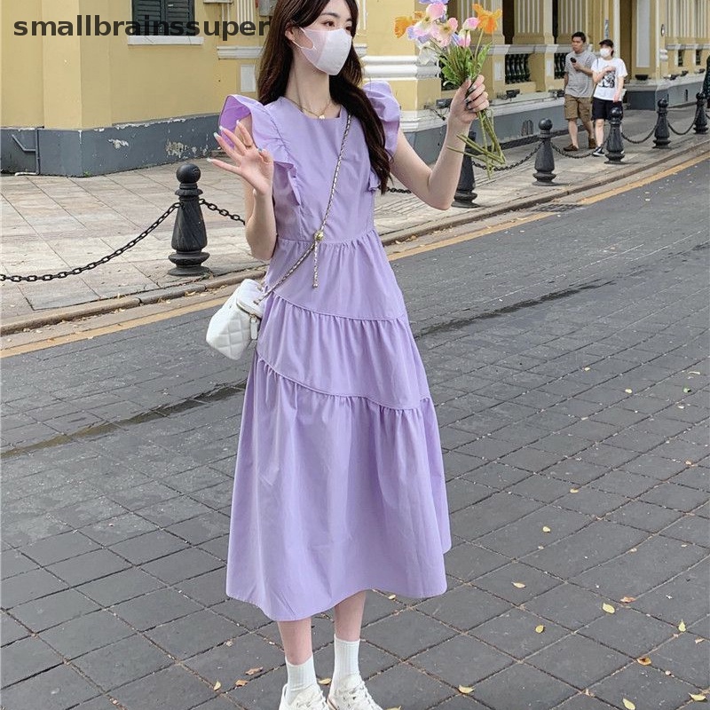 Đầm Công Chúa Dáng Chữ A Tay Bay Màu Trơn Ngọt Ngào Thời Trang Mùa Hè Cho Bạn Gái SBS