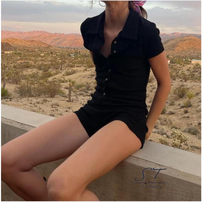 Jumpsuit Ngắn Màu Đen Cổ Bẻ Thời Trang Mùa Hè CY03 Cho Nữ