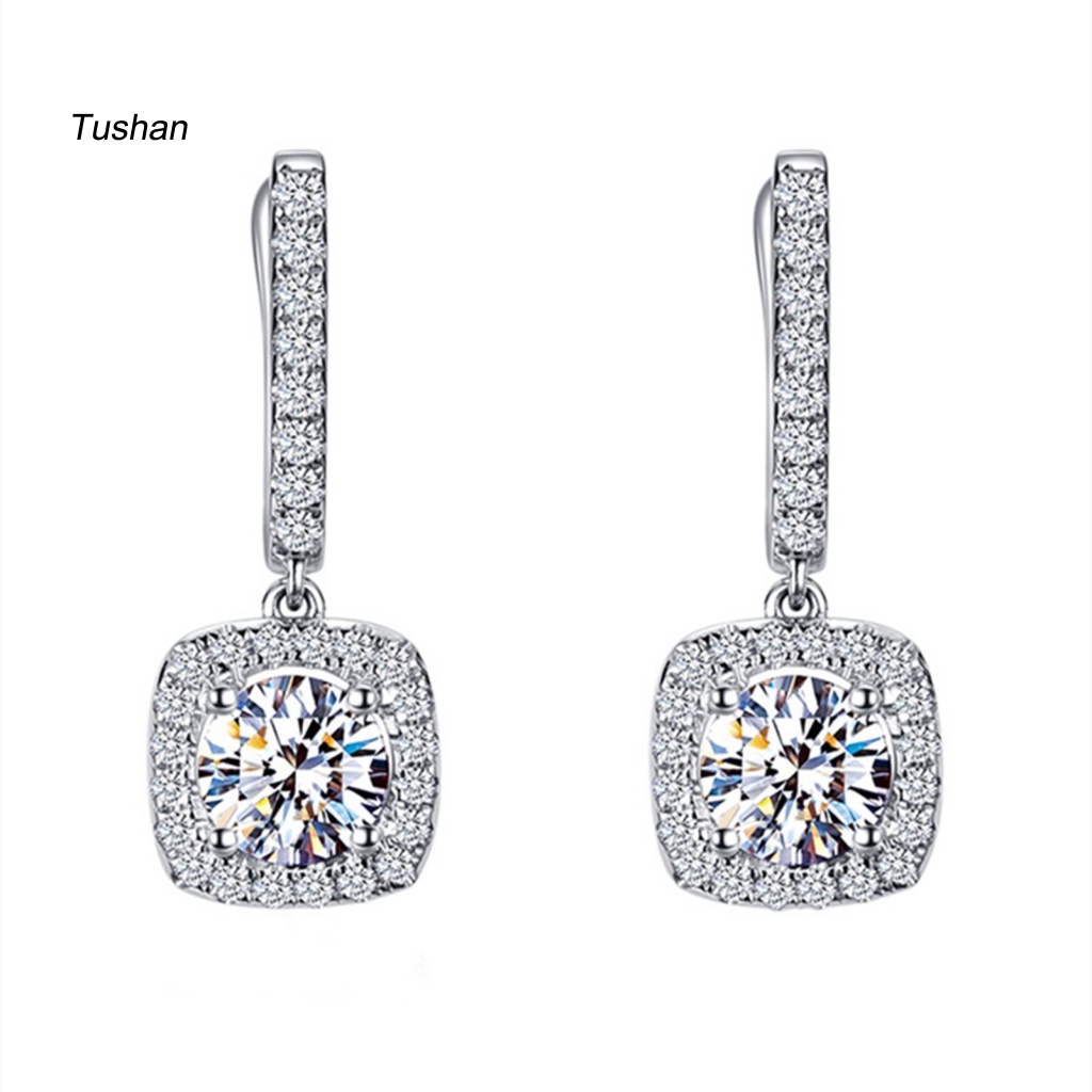 1 Đôi Bông Tai Hình Vuông Đính Đá Zircon Lấp Lánh Phong Cách Hàn Quốc