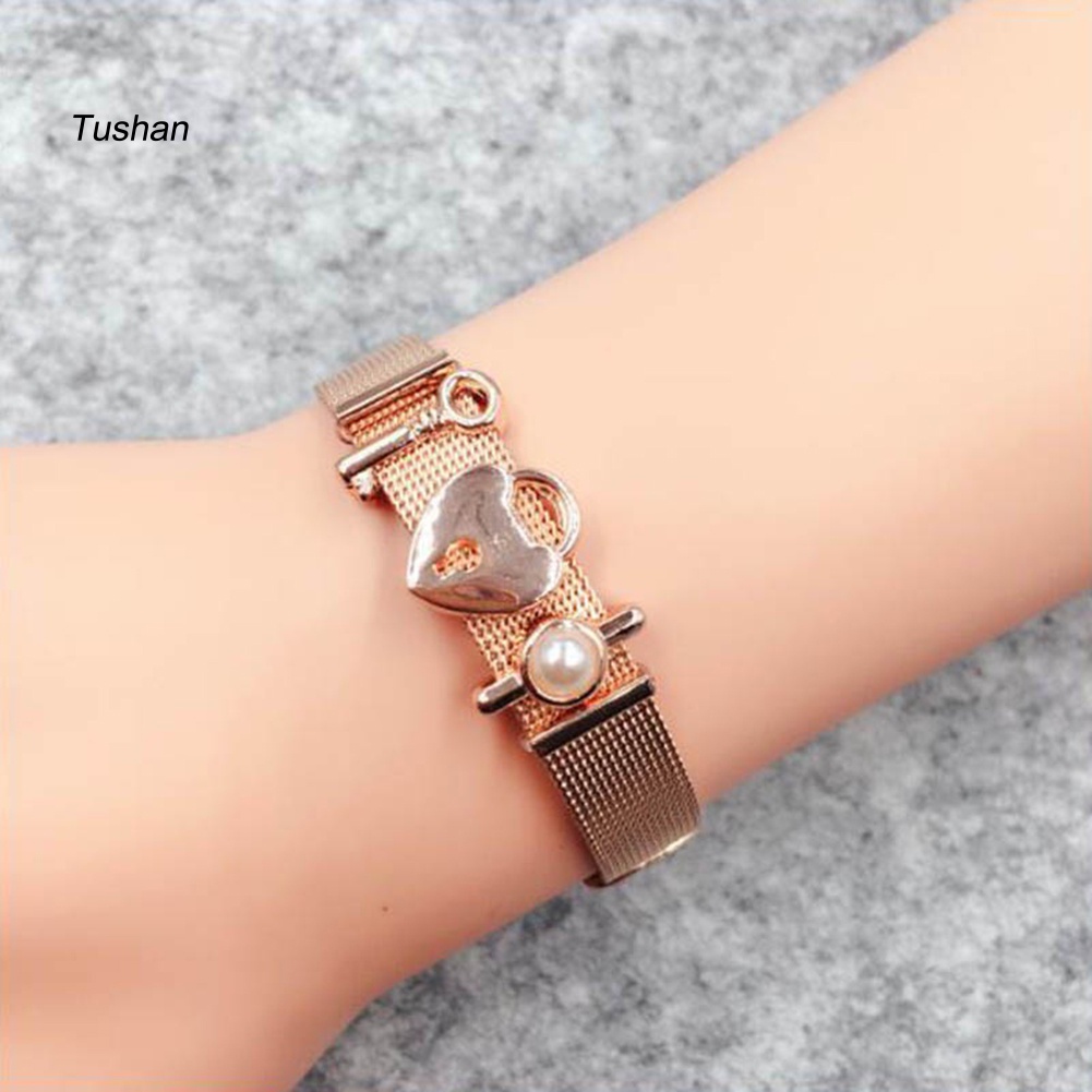 Vòng Đeo Tay / Chìa Khóa Hình Trái Tim Bằng Thép Không Gỉ Dạng Lưới Thời Trang Cho Nữ
