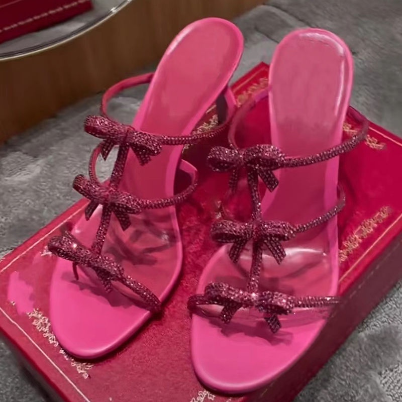 Dép Cao Gót Hở Ngón Đính Pha Lê Màu Đỏ Hồng Phong Cách Pháp Thời Trang Mới 2023