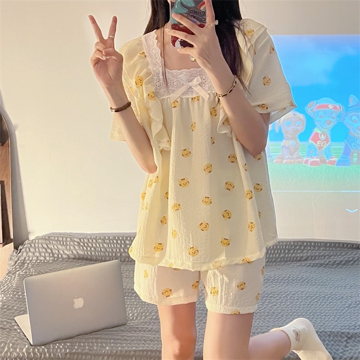 Bộ Đồ Ngủ Cổ Vuông Phối Ren Họa Tiết Dễ Thương Phong Cách Nhật Bản Cho Nữ