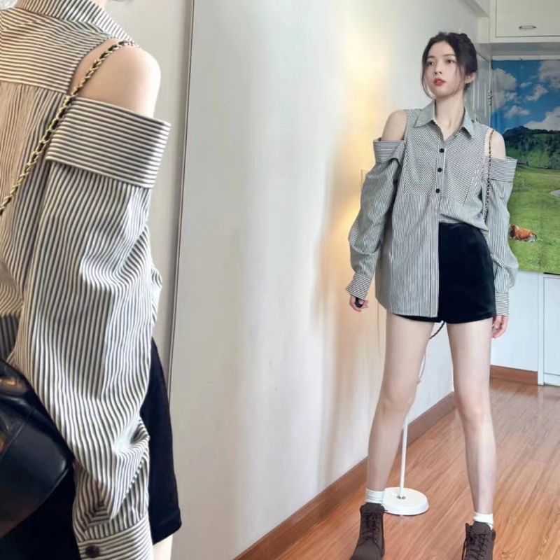 Áo Sơ Mi Tay Dài Trễ Vai Họa Tiết Kẻ Sọc Phong Cách Hàn Quốc Thời Trang Cho Nữ