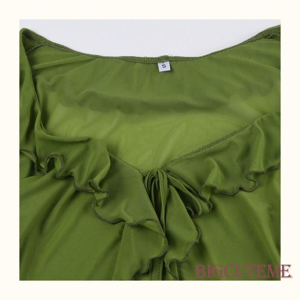 Áo Croptop Tay Dài Phối Lưới Xuyên Thấu Cột Nơ Trước Phong Cách Đường Phố Thời Trang Mùa Hè Cho Nữ