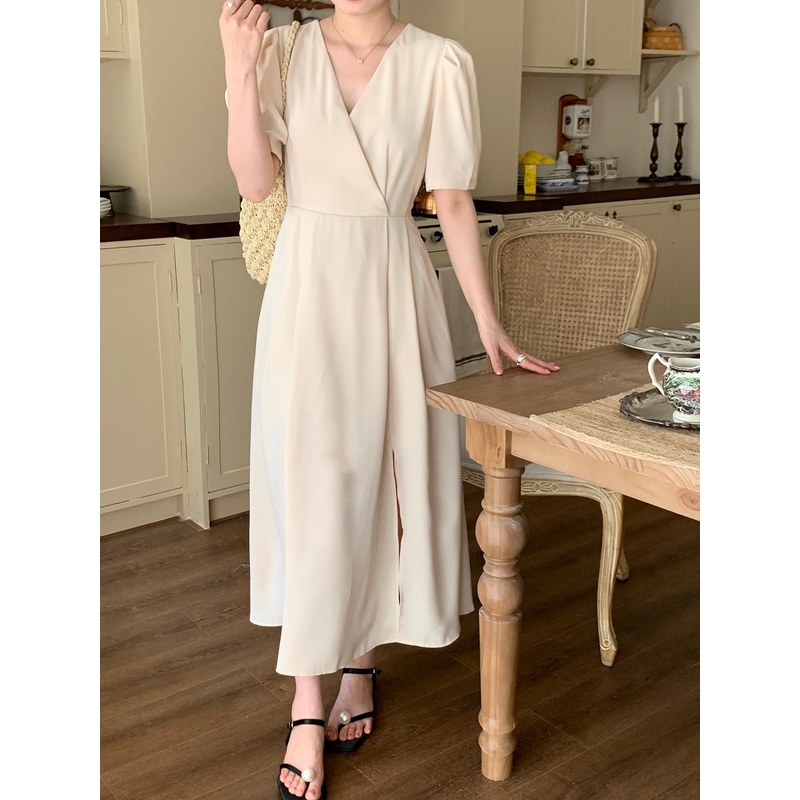 Đầm Tay Phồng Cổ Chữ V Dáng Rộng Xẻ Tà Màu Trơn Thời Trang Mùa Hè Hàng Mới Dành