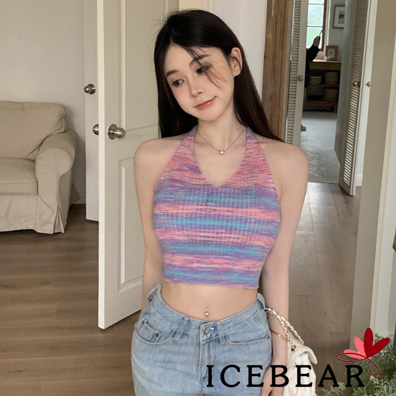 Áo Croptop Dệt Kim Không Tay Dây Chéo Lưng In Họa Tiết Kẻ Sọc Cho Nữ