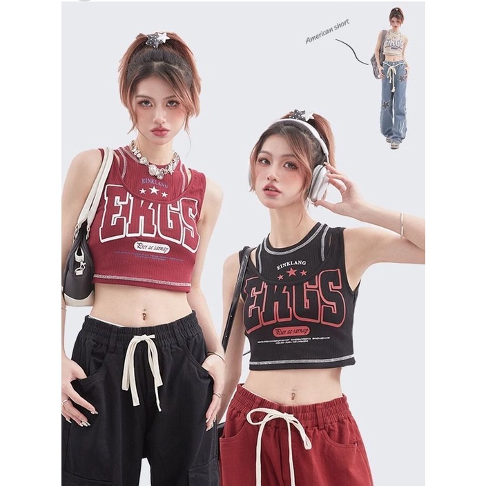 Áo Tank Top Giả Hai Mảnh In Chữ Và Ngôi Sao Phong Cách Đường Phố Mỹ Y2k Quyến Rũ Dành Cho Nữ