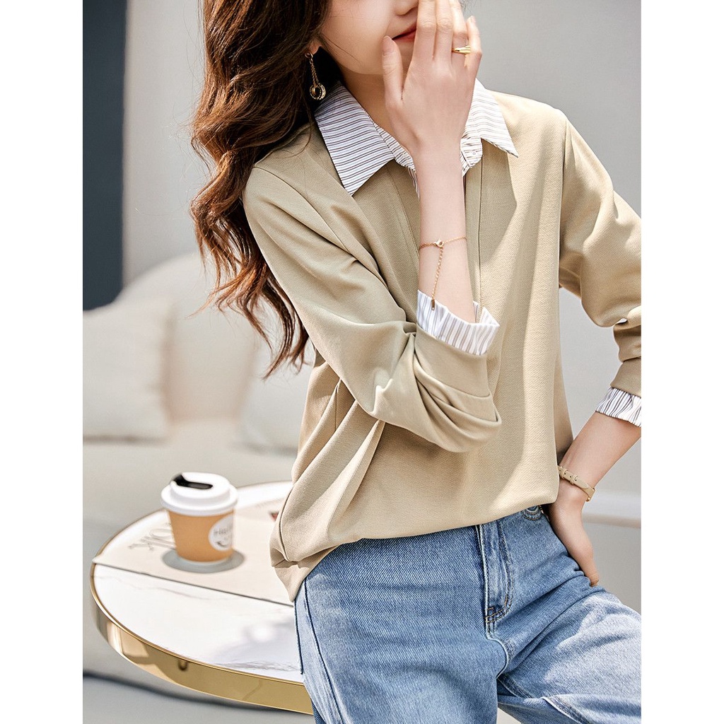 Áo Sweater Kẻ Sọc Giả Hai Lớp Phối Màu Tương Phản Cá Tính Cho Nữ