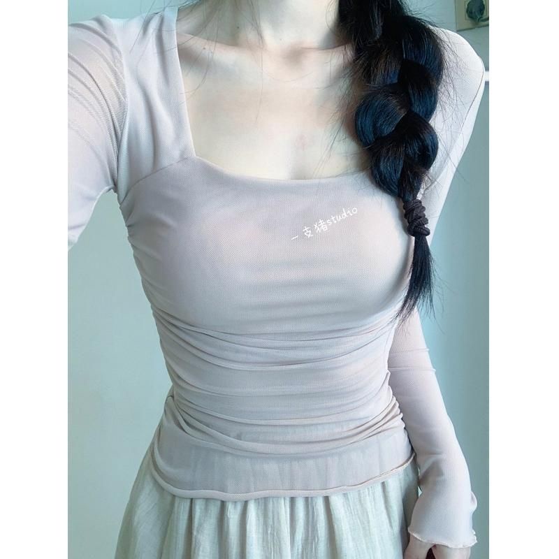 Pure Desire Áo Tay Dài Cổ Vuông Dáng Ôm Xếp Ly Nhẹ Nhàng Kiểu Khiêu Vũ