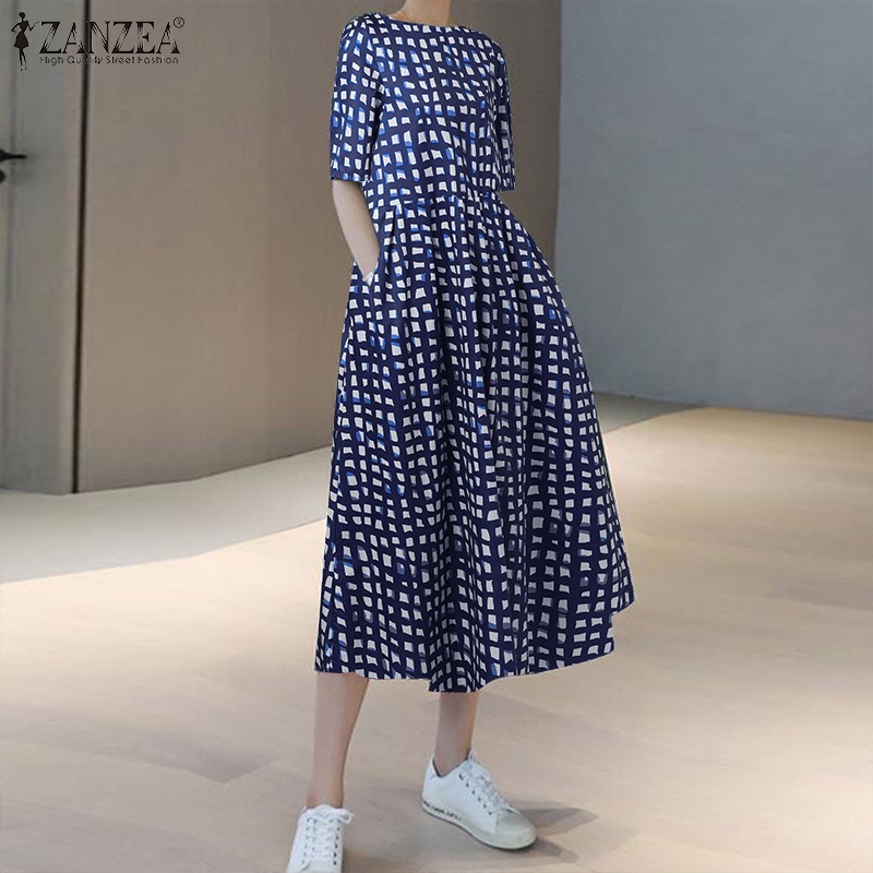 ZANZEA Đầm Nữ Tay Lửng Cổ Tròn Họa Tiết Caro Thời Trang Phong Cách Hàn Quốc