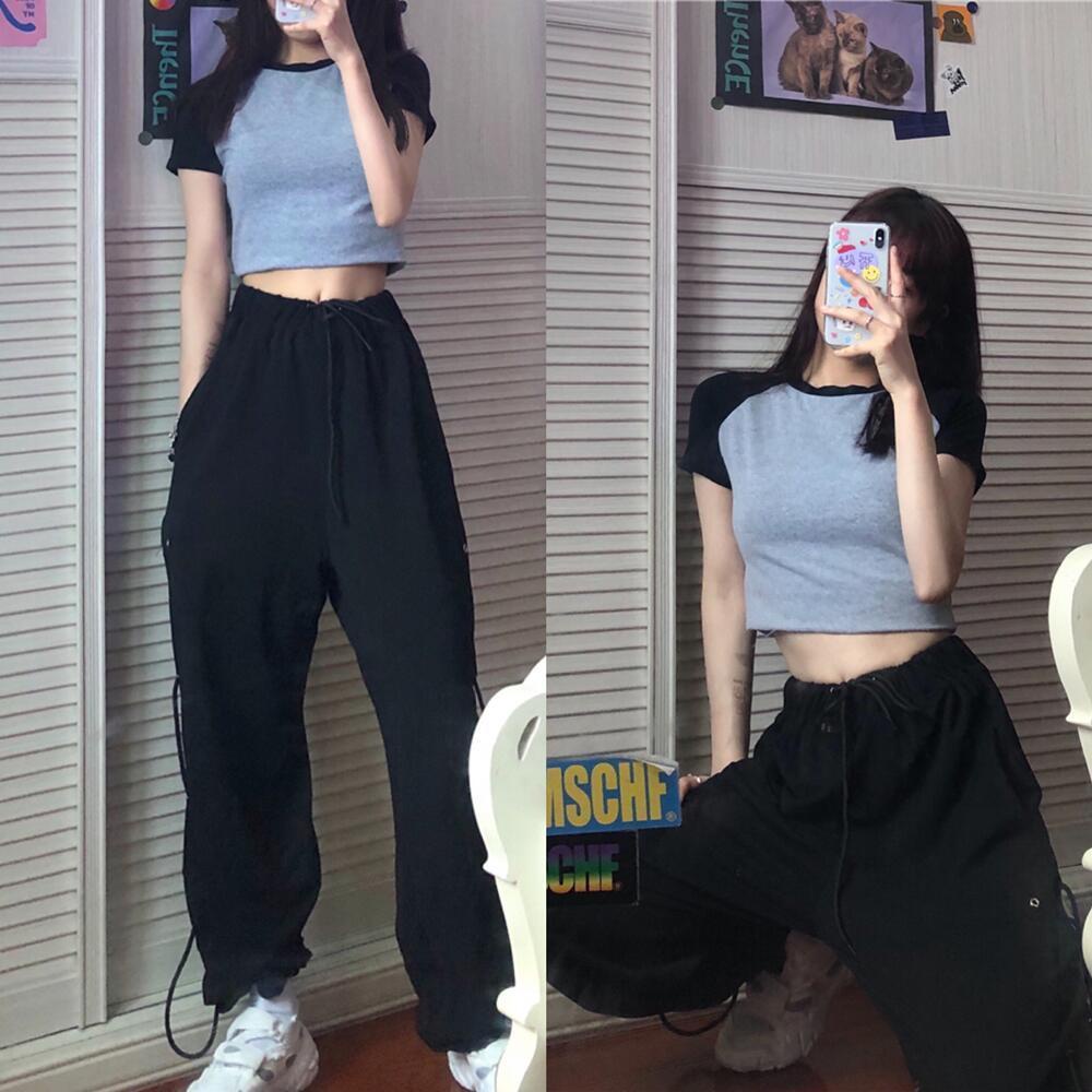 Set Áo Thun Raglan Ngắn Tay + Quần Yếm Màu Nhuộm Phong Cách Đường Phố Mỹ Thời Trang Mùa Hè Cho Nữ