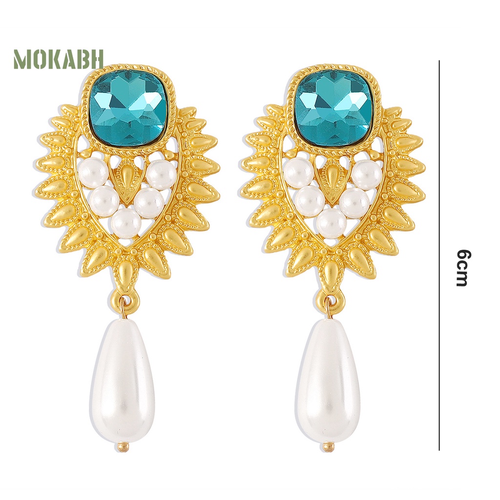 1 Đôi Bông Tai Đính Đá Ngọc Trai Nhân Tạo Màu Xanh Dương Phong Cách Thời Trung Cổ Thời Trang