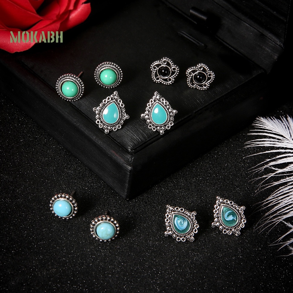 Set 5 Đôi Bông Tai Xỏ Lỗ Đính Đá Ngọc Lam Giả Phong Cách Bohemia Thời Trang