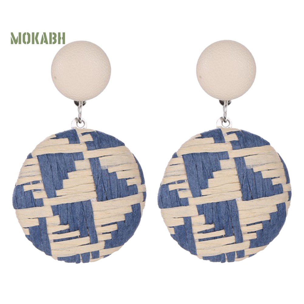 Bông Tai Tròn Bằng Rơm Dệt Phối Nút Phong Cách Boho Thời Trang Cho Nữ