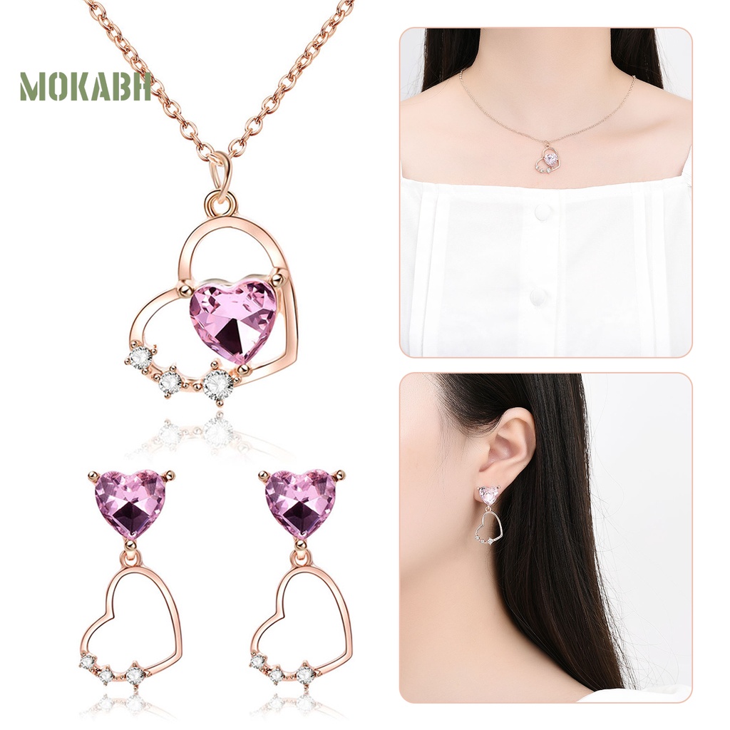1 Set Vòng cổ Và Bông Tai Mặt Trái Tim Đính Đá Thời Trang
