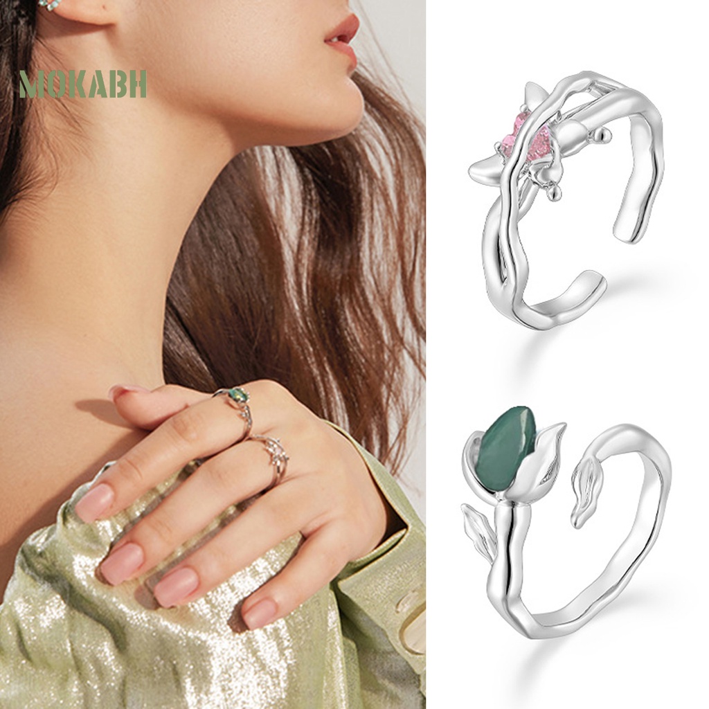 [Mới] Nhẫn Hở Hình Hoa Tulip Khảm Đá Zircon Có Thể Điều Chỉnh Kích Cỡ