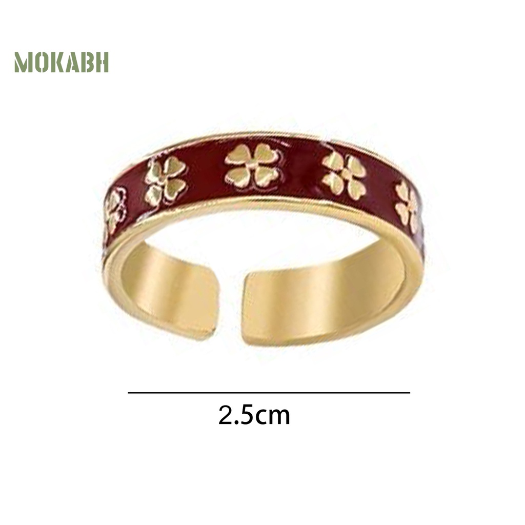 [Mới] Nhẫn Dạng Mở Hình Cỏ Bốn Lá Bằng Kim Loại Tráng Men Màu Đỏ Thanh Lịch Có Thể Điều Chỉnh Kích