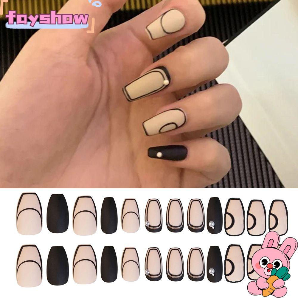 Set 24 Móng Tay Giả Múa Ba Lê Bằng Acrylic Màu Trắng Và Đen