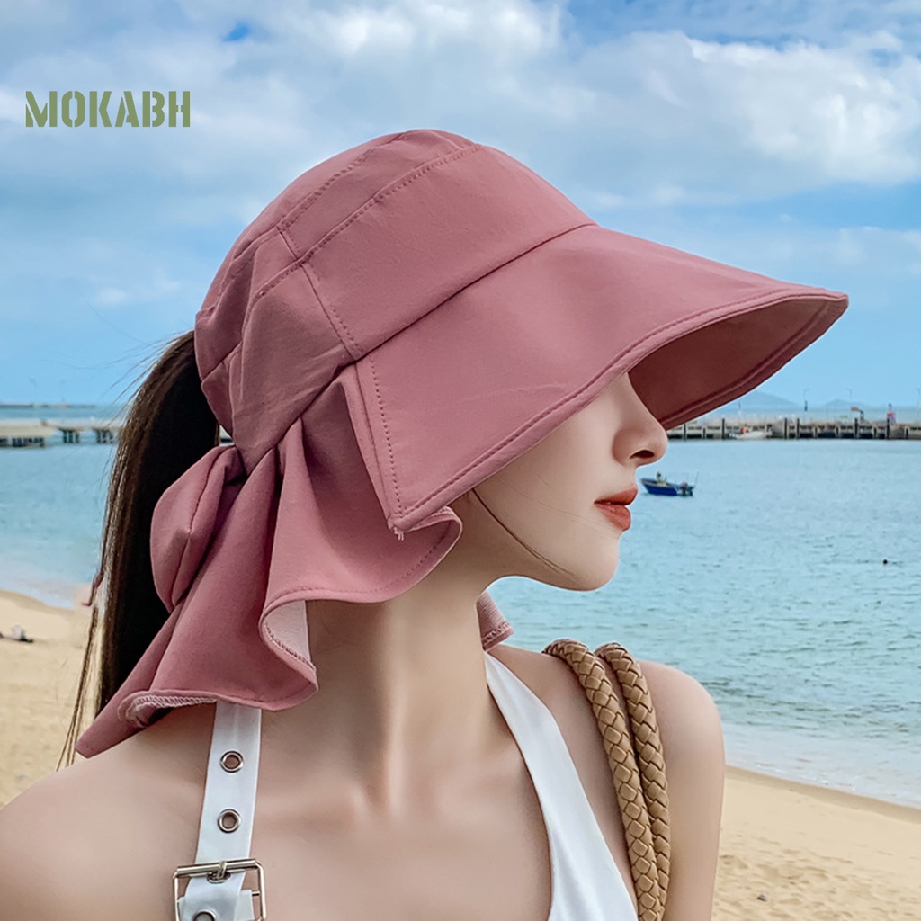 [Mok Abh] Nón Rộng Vành Chống Nắng Thoáng Khí Thắt Nơ Màu Trơn Trang Trí Hình Tròn Thoáng Khí Mùa Hè Dành Cho Bạn Nữ
