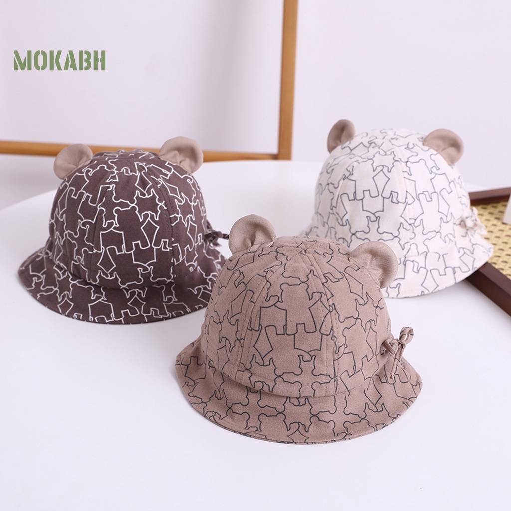 [Mok Abh] Mũ Ngư Dân Hình Tròn Mỏng Màu Tương Phản In Họa Tiết Gấu Hoạt Hình Có Thể Điều Chỉnh Bảo Vệ Tai Cho Trẻ Em