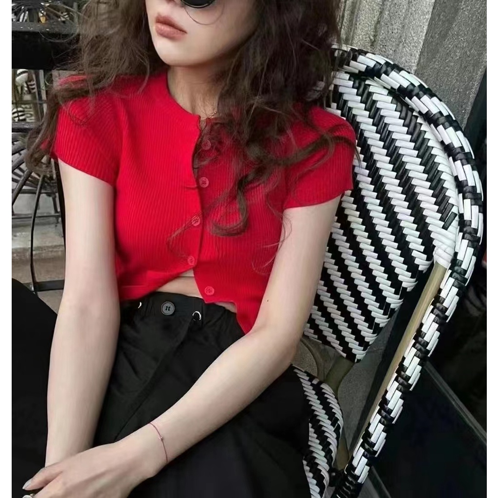 SUXI Áo Croptop Dệt Kim Tay Ngắn Màu Sắc Thanh Lịch
