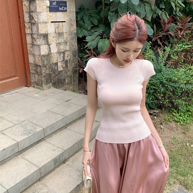Cozok Áo Thun Dệt Kim Tay Ngắn Màu Trơn Cổ Thuyền Đơn Giản Thời Trang