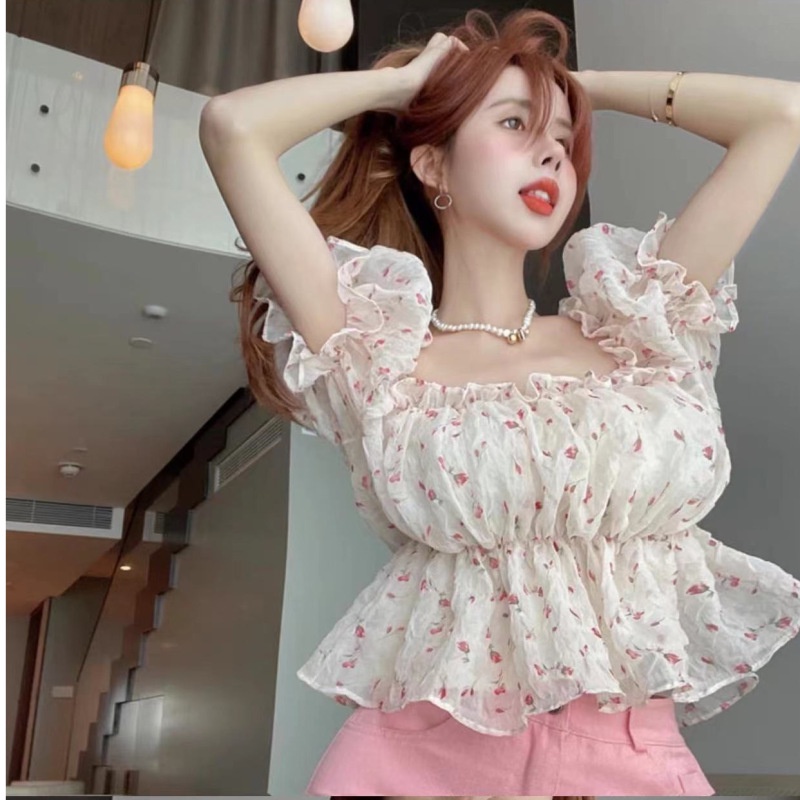 Nzn Áo Sơ Mi Voan Crop top Trễ Vai Xẻ Tà In Họa Tiết Hoa Hàn Quốc Cho Nữ