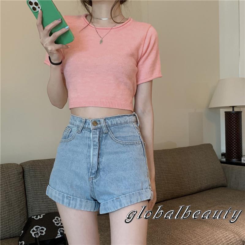 Áo Thun Crop Top Dệt Kim Tay Ngắn Cổ Tròn Hở Lưng Màu Sắc Đơn Giản Cho Nữ