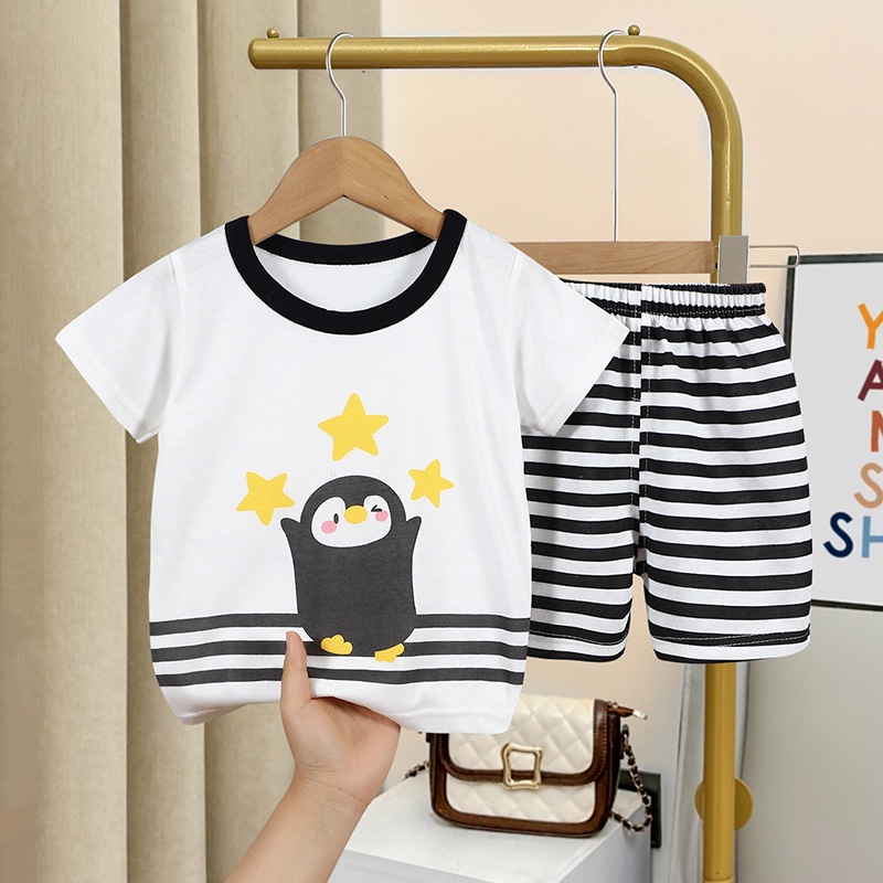 Bộ Áo Thun Cotton Tay Ngắn + Quần Đùi Họa Tiết Hoạt Hình Phong Cách Hàn Quốc Thời Trang Mùa Hè 73-130cm Cho Bé