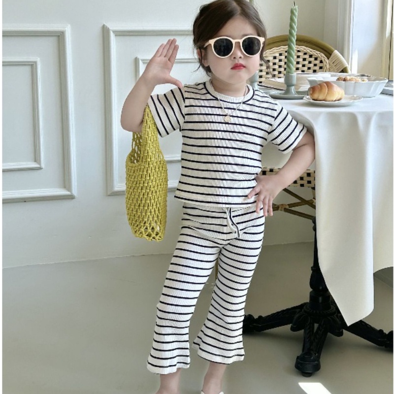 Bộ Áo Thun Kẻ Sọc + Quần Co Giãn Phong Cách Hàn Quốc Dễ Thương Cho Bé Gái