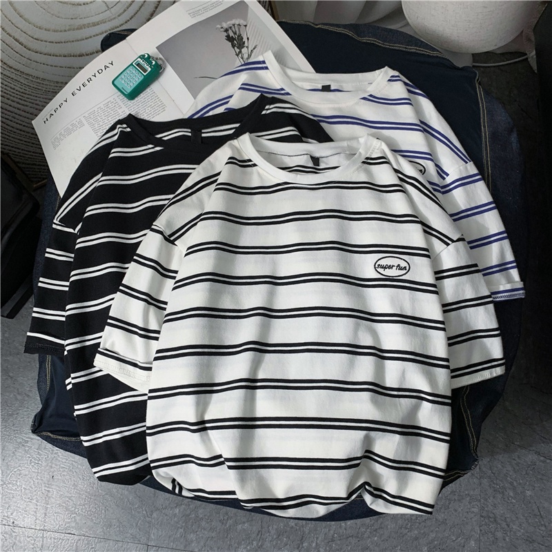 Áo Thun Nam Tay Ngắn Kẻ Sọc Trắng Đen Thời Trang
