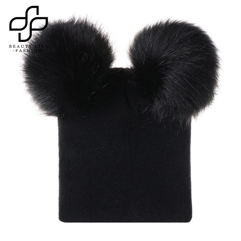 Nón Len Ấm Áp Màu Trơn Đính Hai Quả Bông Thời Trang Thu Đông Cho Bé