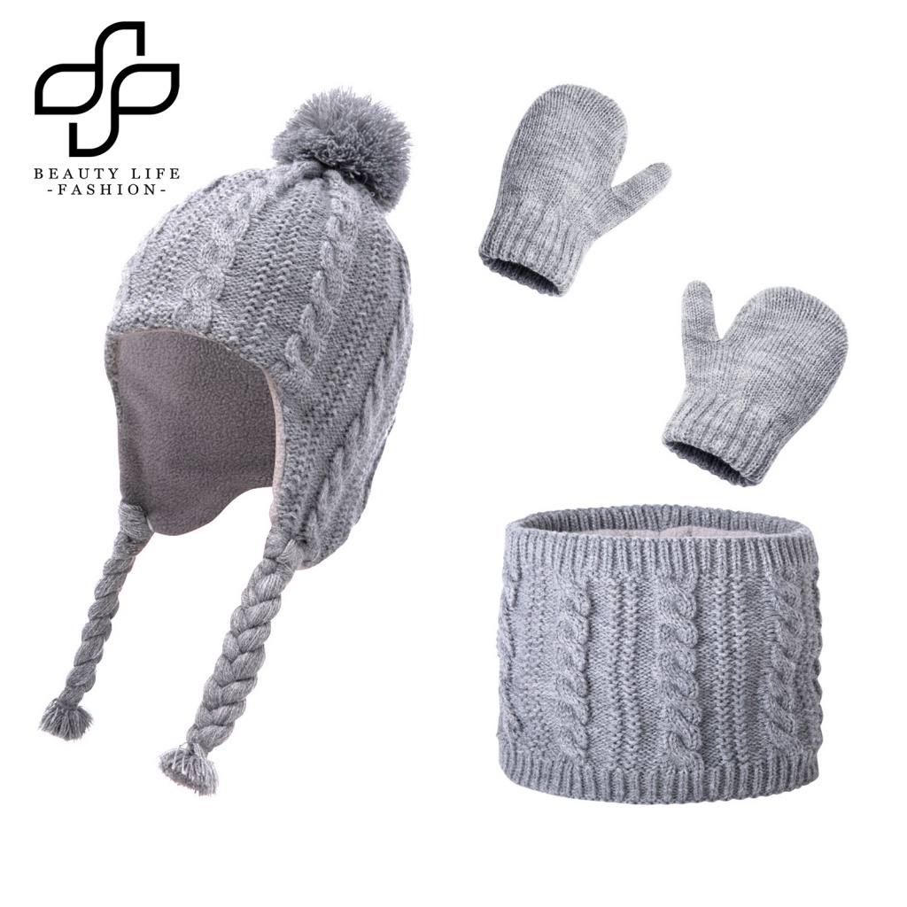 1 Bộ Nón Và Găng Tay Len Dệt Kim Đính Bóng Lông Cho Bé 2-5 Tuổi