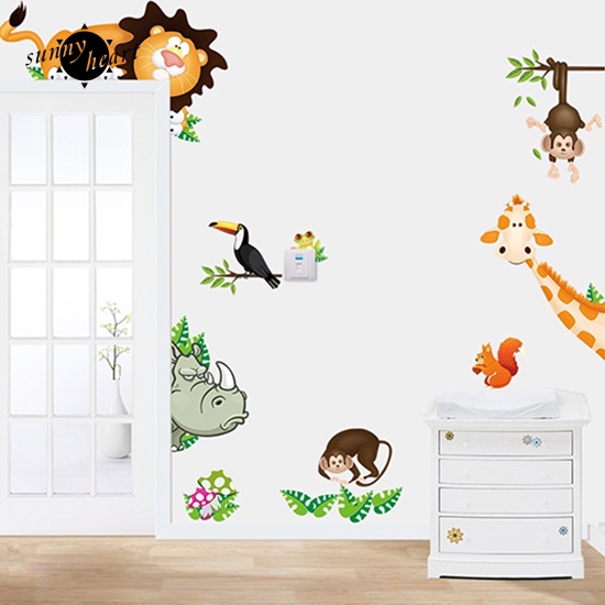 Sticker Dán Tường Họa Tiết Hình Con Tê Giác Con Khỉ Và Hươu Cao Cổ Dùng Trang Trí Phòng Cho Trẻ