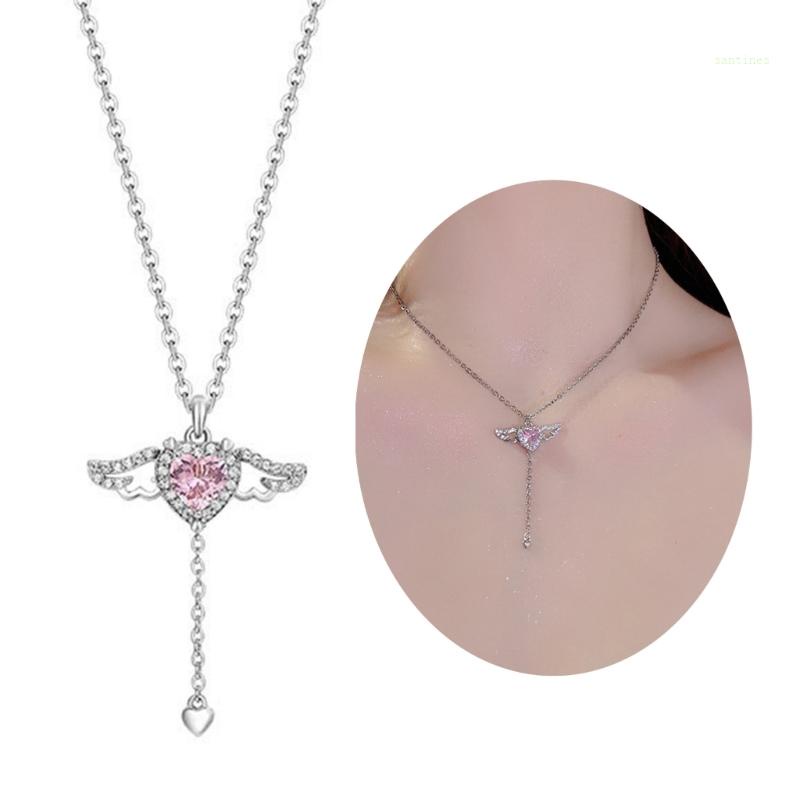 Bộ Vòng cổ + Bông Tai Hình Đôi Cánh Thiên Thần Đính Pha Lê Hồng Phong Cách Hàn Quốc Thời Trang Cho Nữ