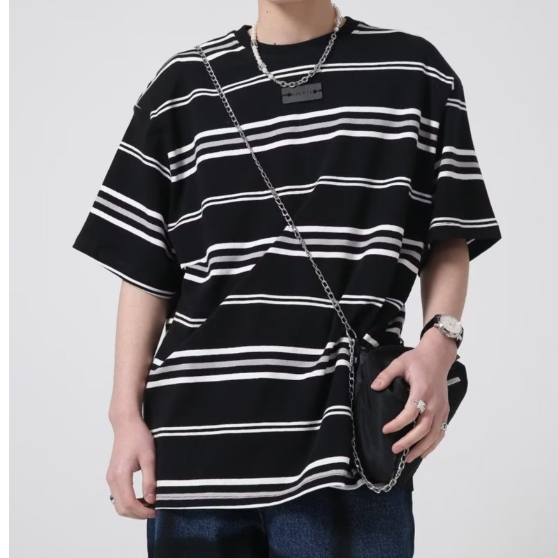 Áo thun HANLU cotton họa tiết kẻ sọc đơn giản chất lượng cao cho nam