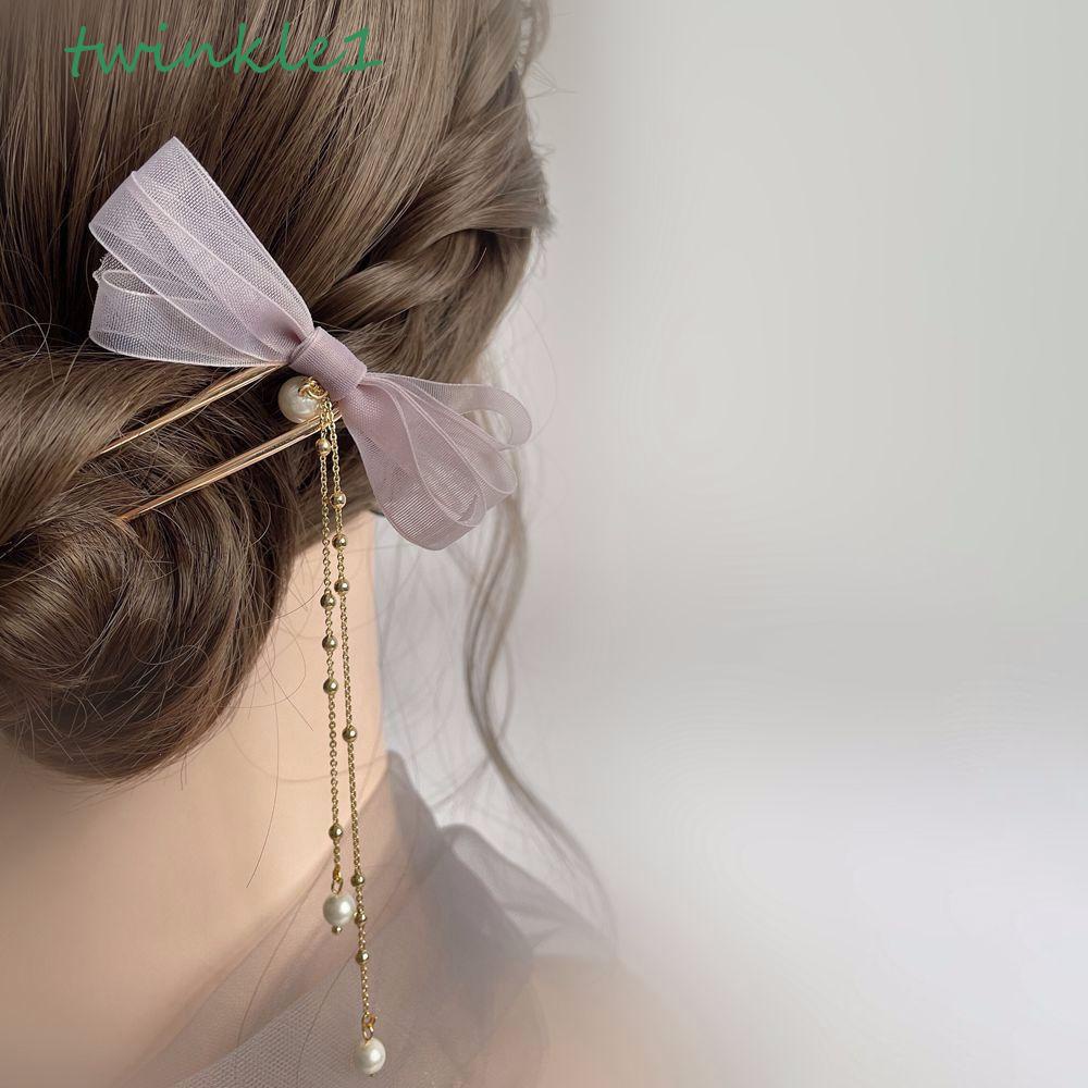 Trâm Cài Tóc Bằng Hợp Kim Hình Chữ U Đính Nơ Lấp Lánh Phong Cách Vintage