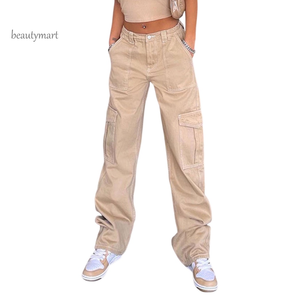 Quần Lưng Cao Dáng Rộng Có Nhiều Túi Mềm Mại Thoáng Khí Thời Trang Đường Phố Cho Nữ beautymartm1