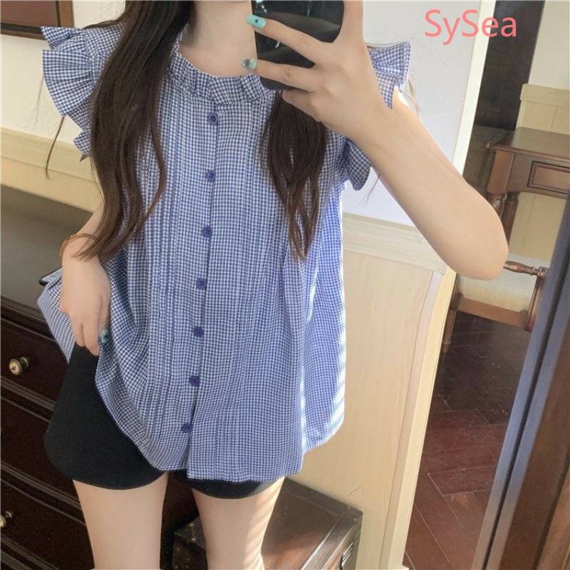 Áo Kiểu Tay Phồng Họa Tiết Sọc Caro Phong Cách Retro Pháp