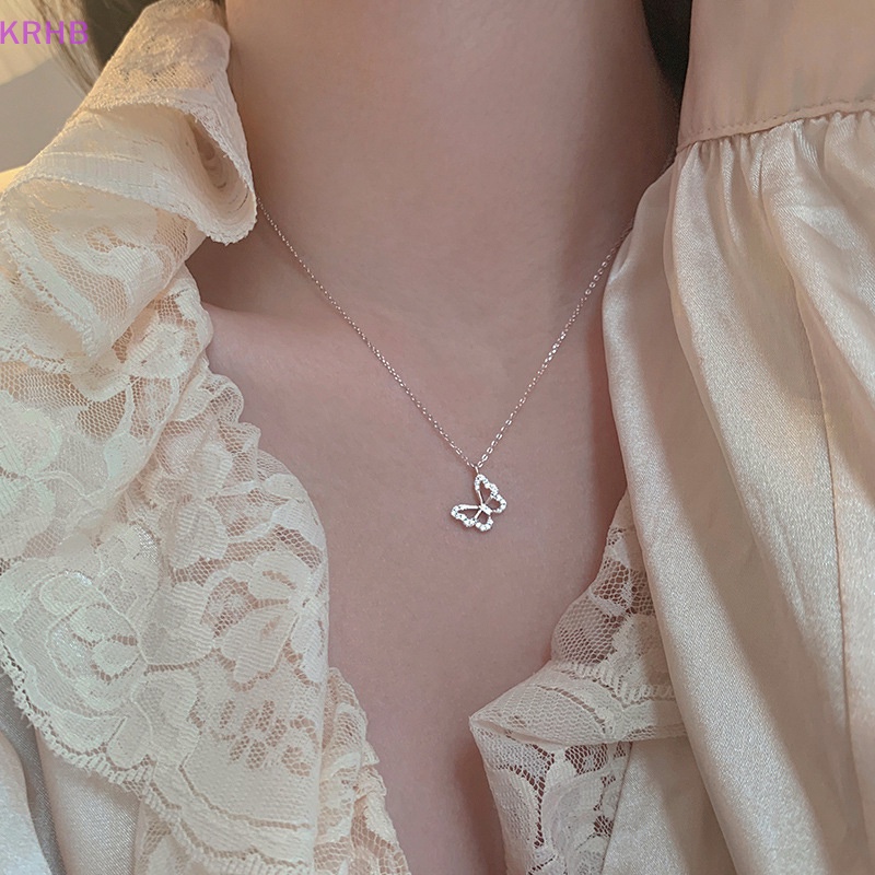 Vòng cổ Màu Bạc Mặt Hình Bướm Rỗng Đính Đá Zircon Đơn Giản Thời Trang Cho Nữ Mới