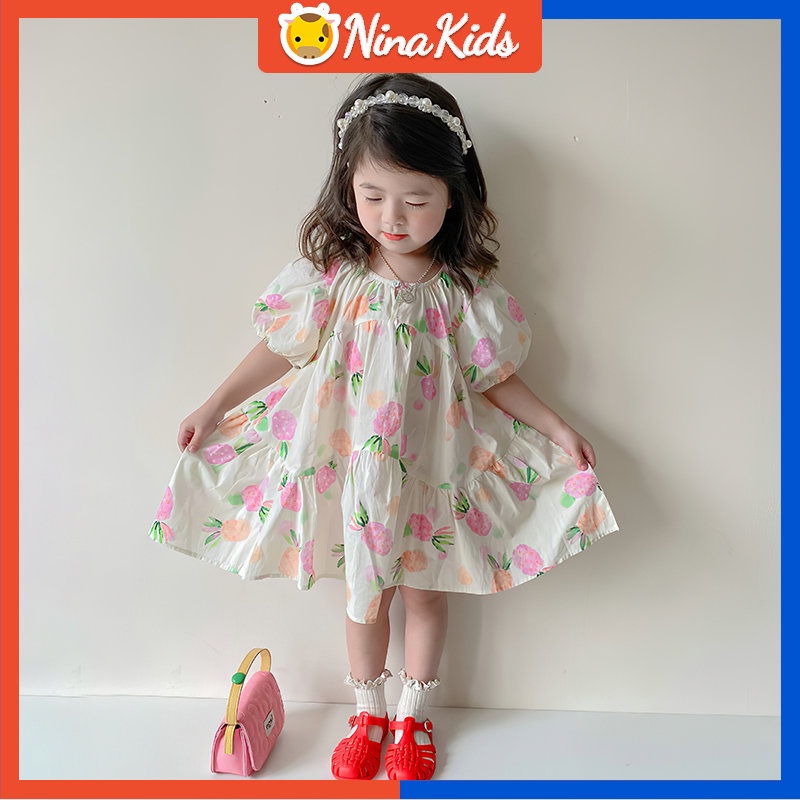 Đầm Tay Phồng In Hoa Phong Cách Hàn Quốc Xinh Xắn Cho Bé Gái 2-7 Tuổi