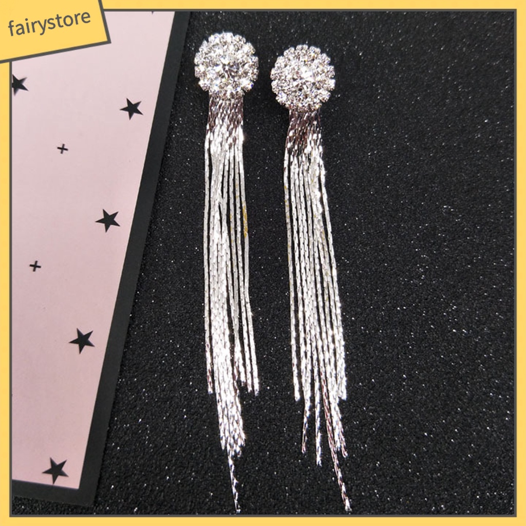 Bông Tai Dáng Dài Đính Đá Phối Tua Rua Lấp Lánh Thời Trang