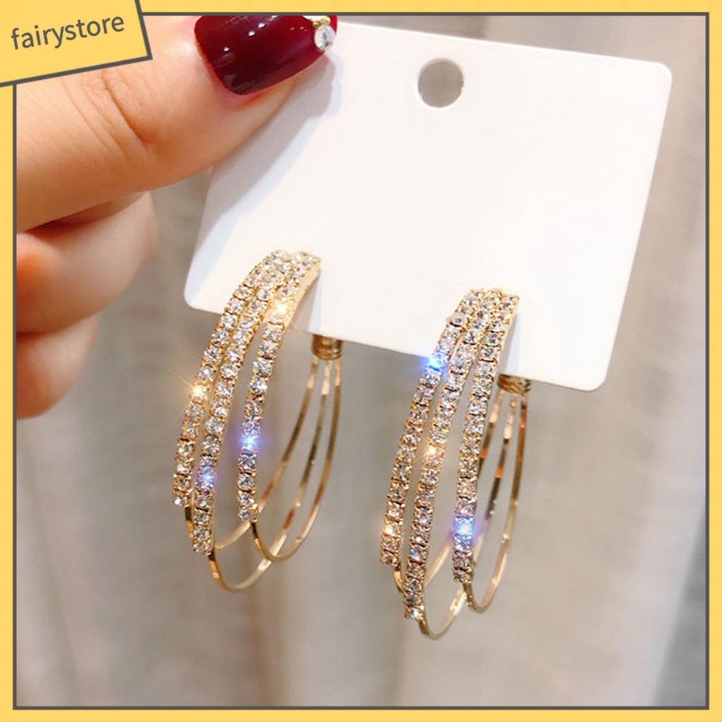 1 Đôi Bông Tai Hình Chữ C Ba Lớp Đính Đá Lấp Lánh Dành Cho Nữ