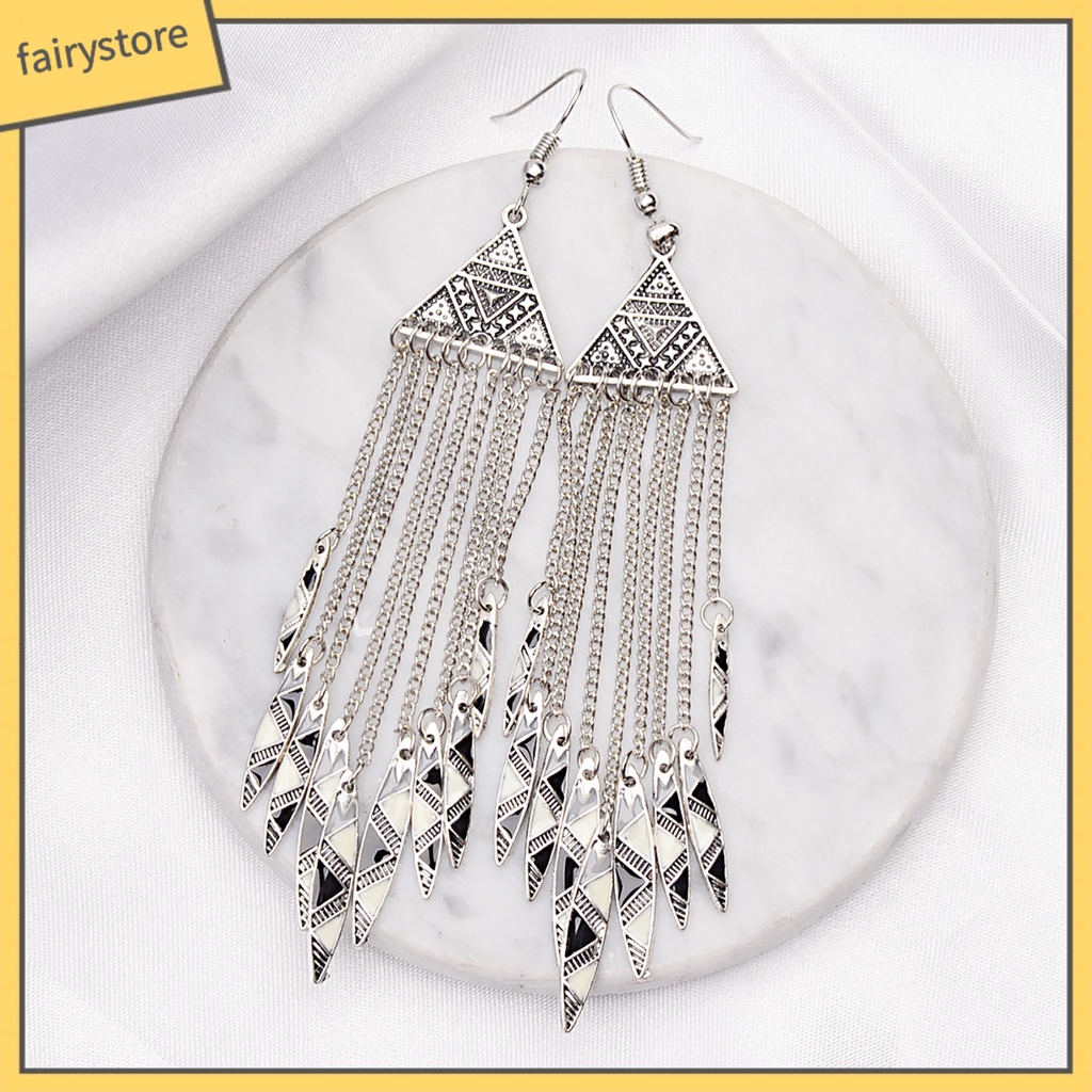 1 Đôi Bông Tai Dáng Dài Mặt Tam Giác Phối Tua Rua Phong Cách Vintage