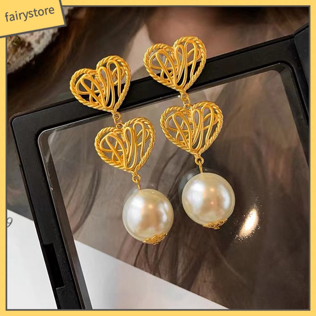 1 Đôi Bông Tai Hình Trái Tim Đính Ngọc Trai Giả Mạ Điện Không Gây Dị Ứng Thời Trang