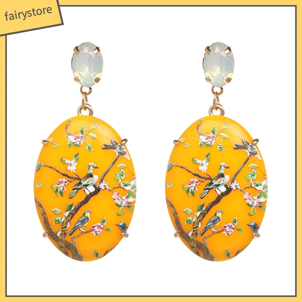 Bông Tai Hình Oval Họa Tiết Hoa Và Chim Phong Cách Vintage Dành Cho Nữ